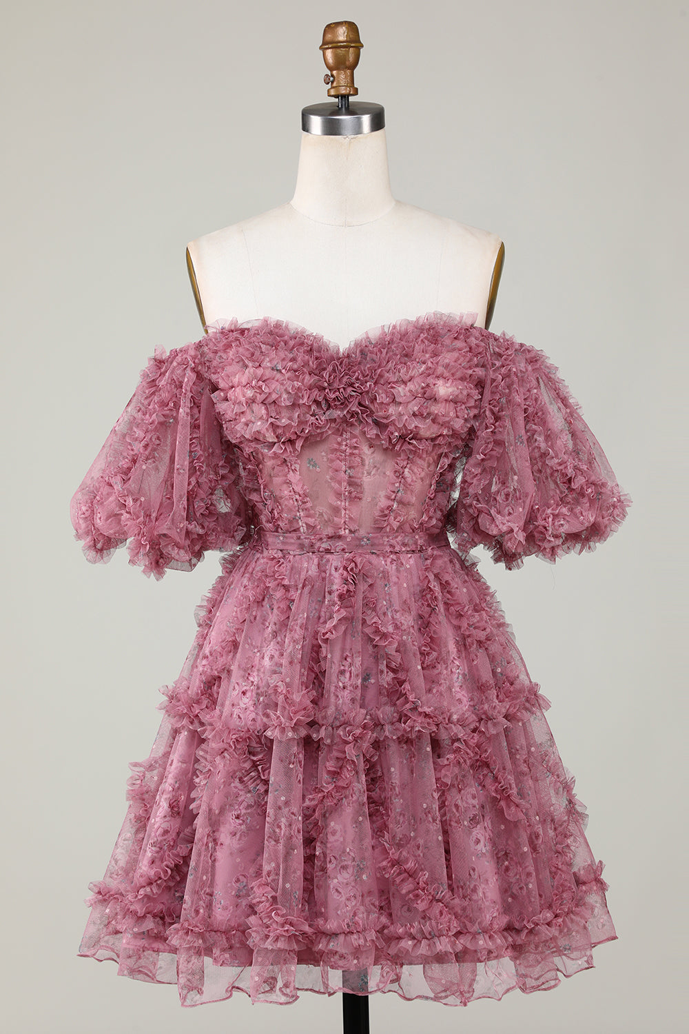 A Line Off the Shoulder Sheer Corset Floral Print Short Homecoming Dress