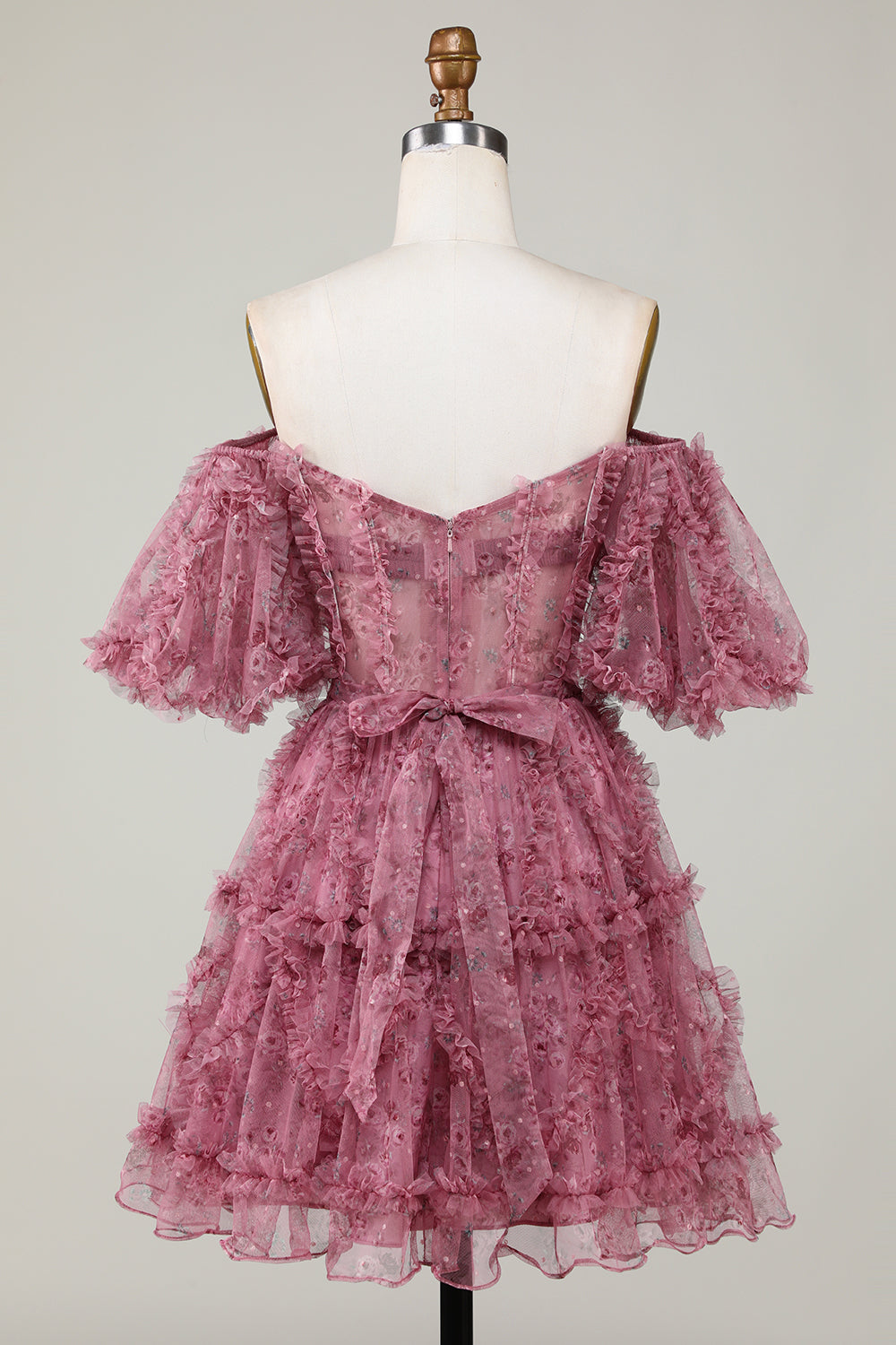 A Line Off the Shoulder Sheer Corset Floral Print Short Homecoming Dress