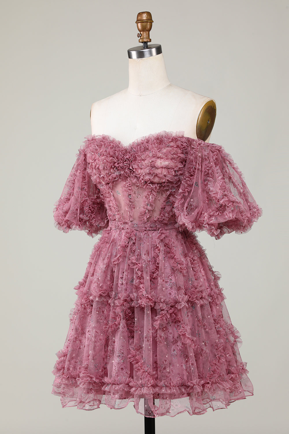 A Line Off the Shoulder Sheer Corset Floral Print Short Homecoming Dress