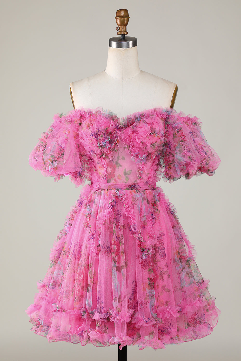 A Line Off the Shoulder Sheer Corset Floral Print Short Homecoming Dress