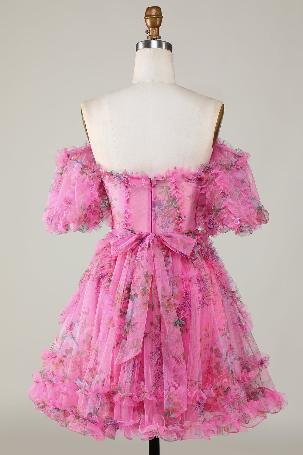 A Line Off the Shoulder Sheer Corset Floral Print Short Homecoming Dress