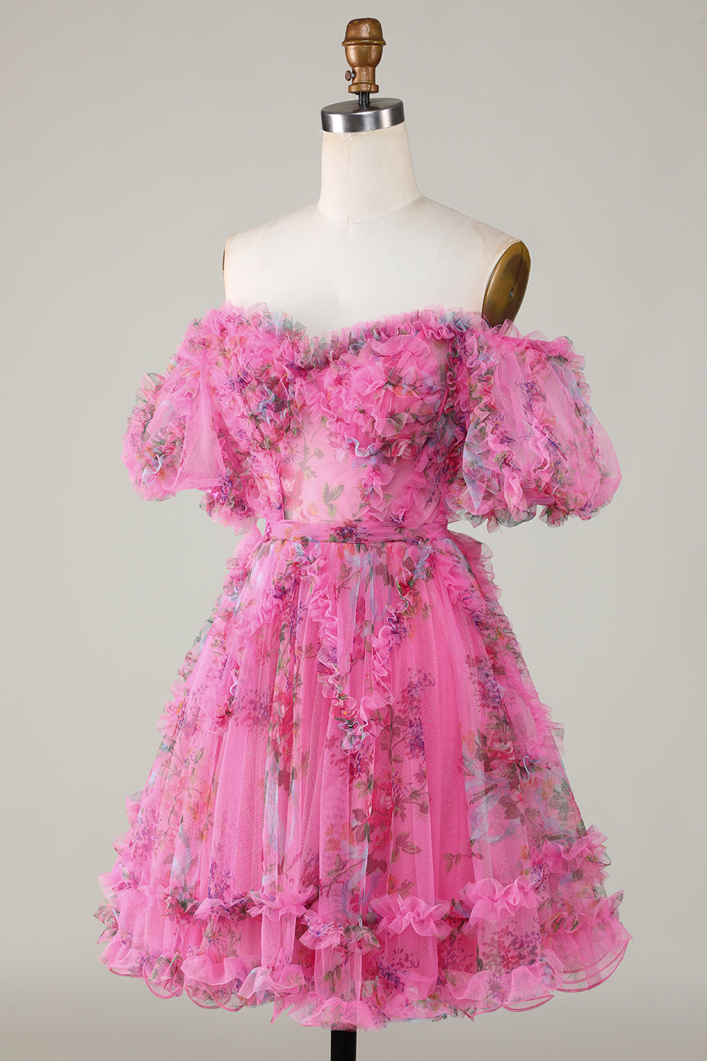 A Line Off the Shoulder Sheer Corset Floral Print Short Homecoming Dress