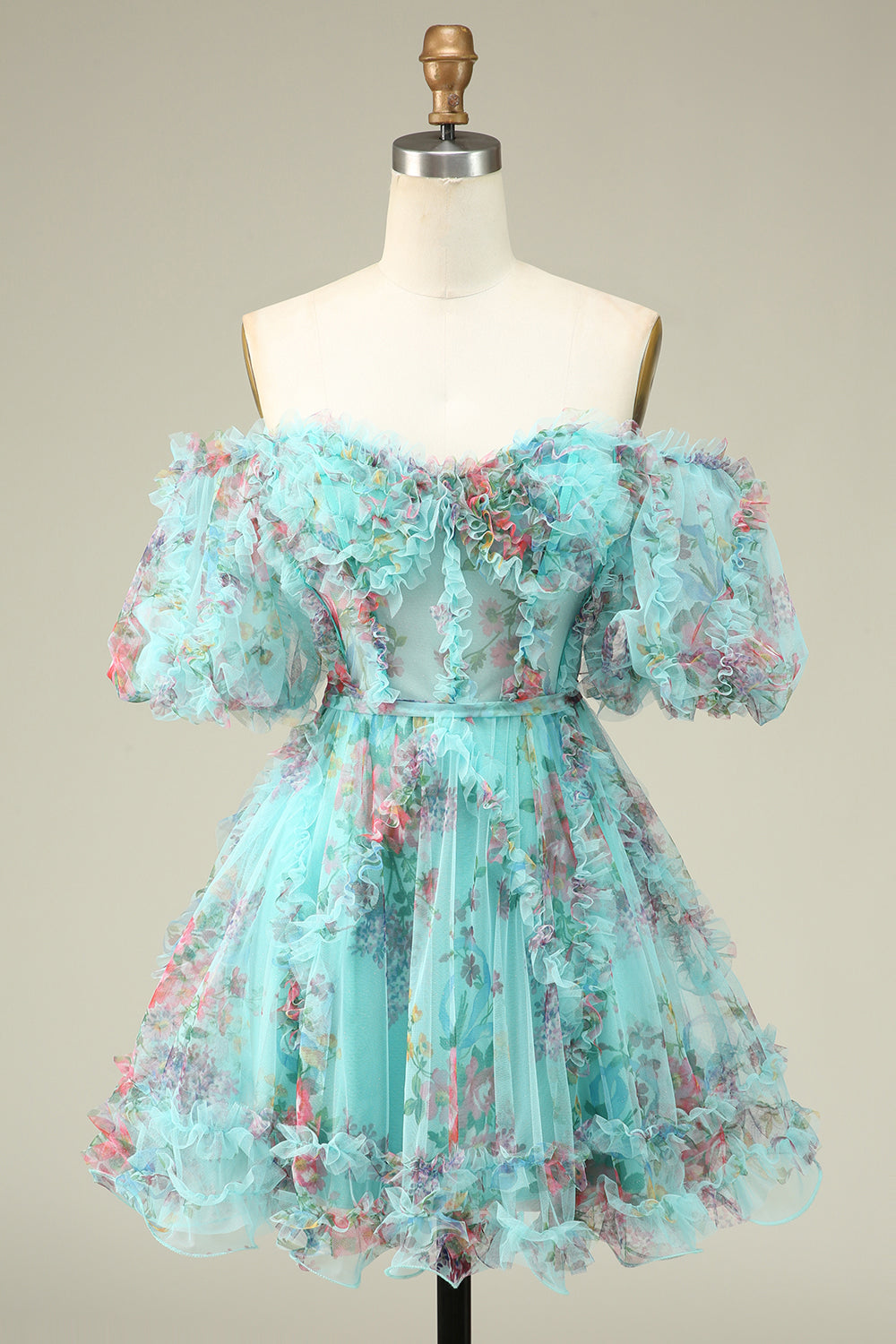 A Line Off the Shoulder Sheer Corset Floral Print Short Homecoming Dress