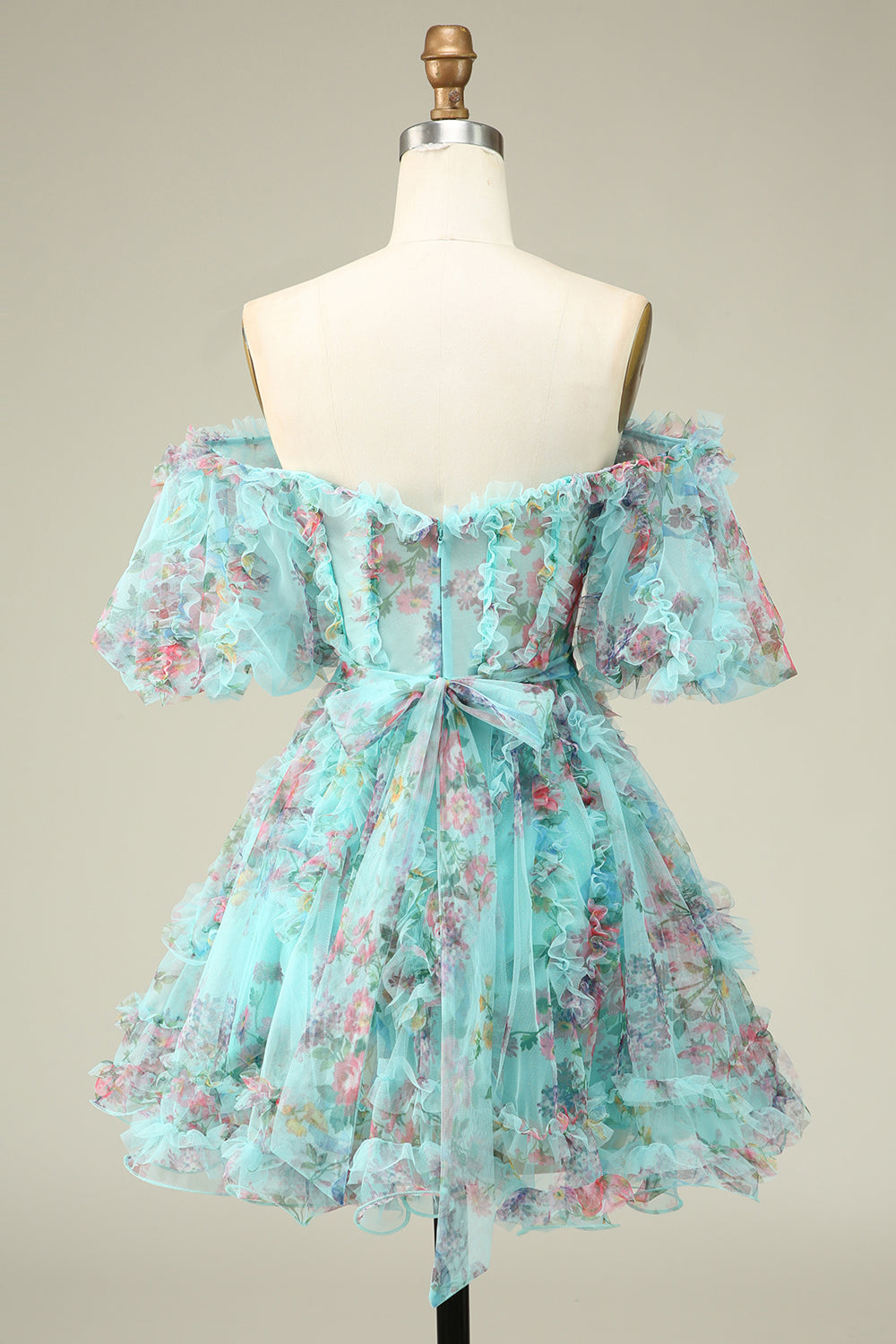A Line Off the Shoulder Sheer Corset Floral Print Short Homecoming Dress