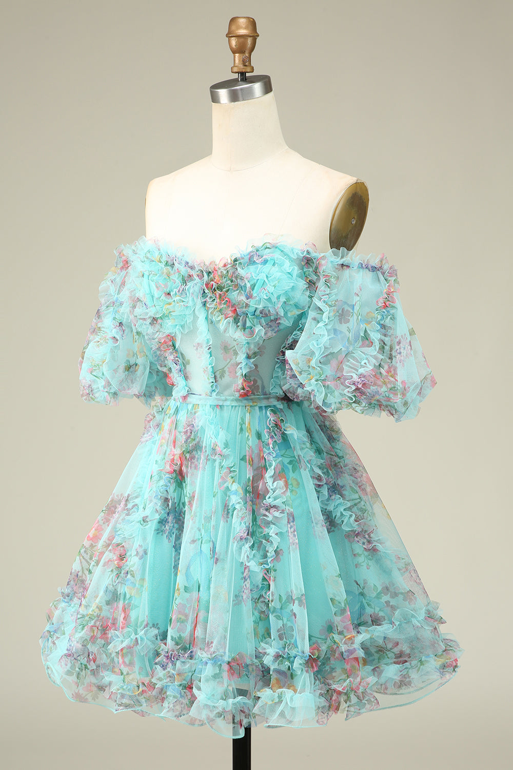 A Line Off the Shoulder Sheer Corset Floral Print Short Homecoming Dress