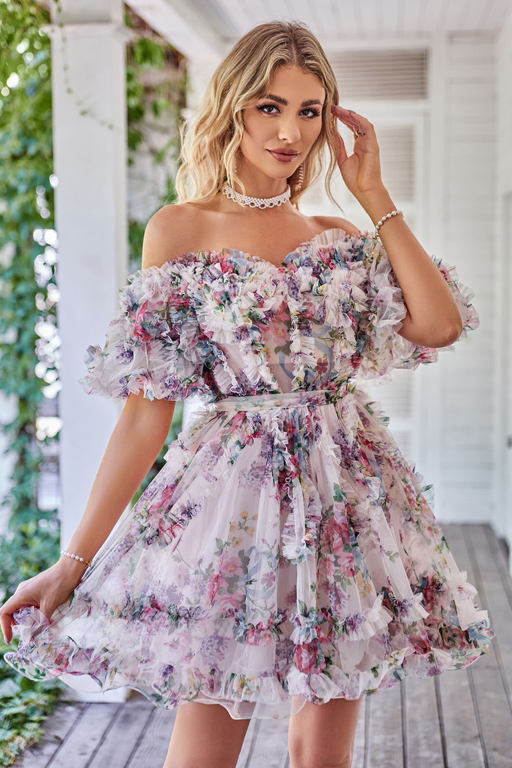 A Line Off the Shoulder Sheer Corset Floral Print Short Homecoming Dress