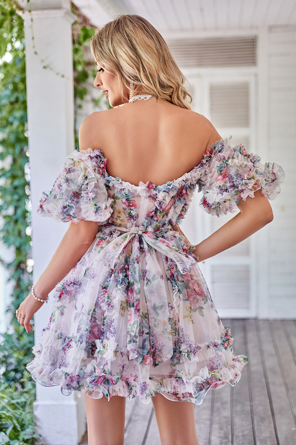 A Line Off the Shoulder Sheer Corset Floral Print Short Homecoming Dress