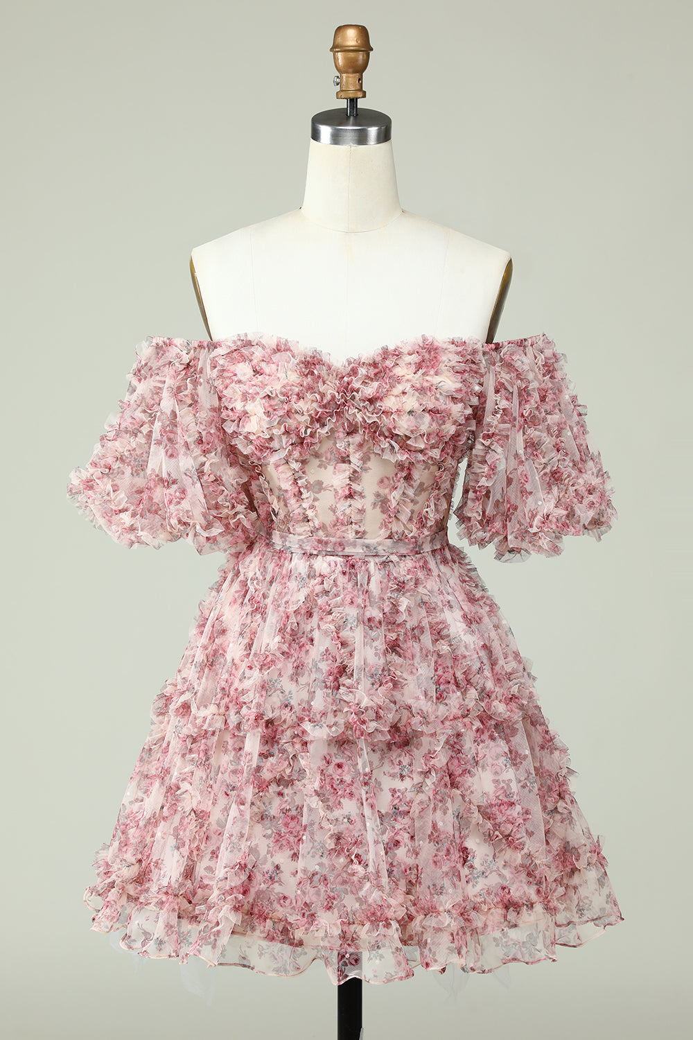 A Line Off the Shoulder Sheer Corset Floral Print Short Homecoming Dress