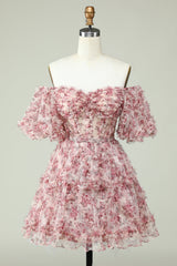 A Line Off the Shoulder Sheer Corset Floral Print Short Homecoming Dress