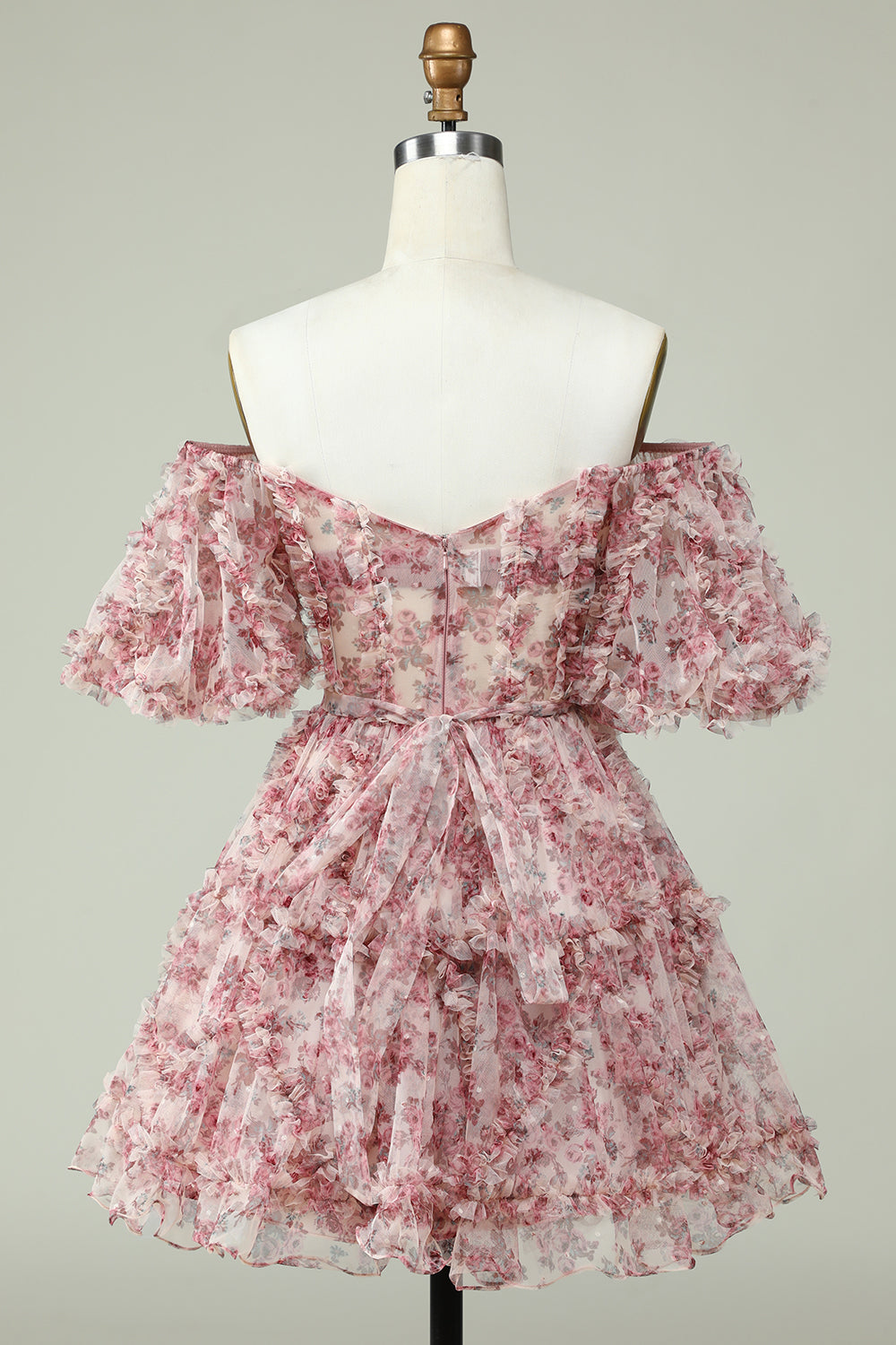 A Line Off the Shoulder Sheer Corset Floral Print Short Homecoming Dress