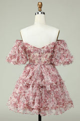 A Line Off the Shoulder Sheer Corset Floral Print Short Homecoming Dress