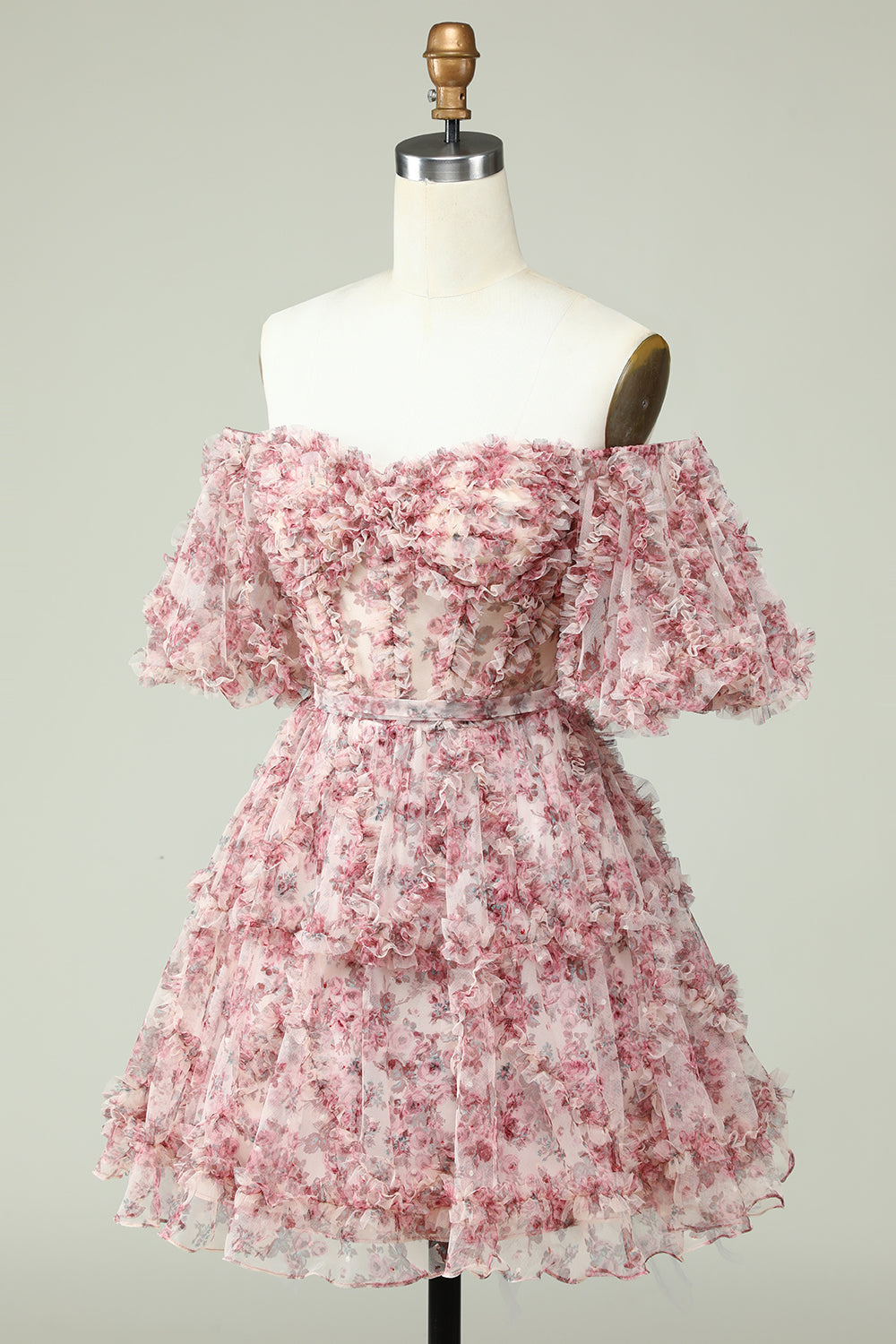 A Line Off the Shoulder Sheer Corset Floral Print Short Homecoming Dress