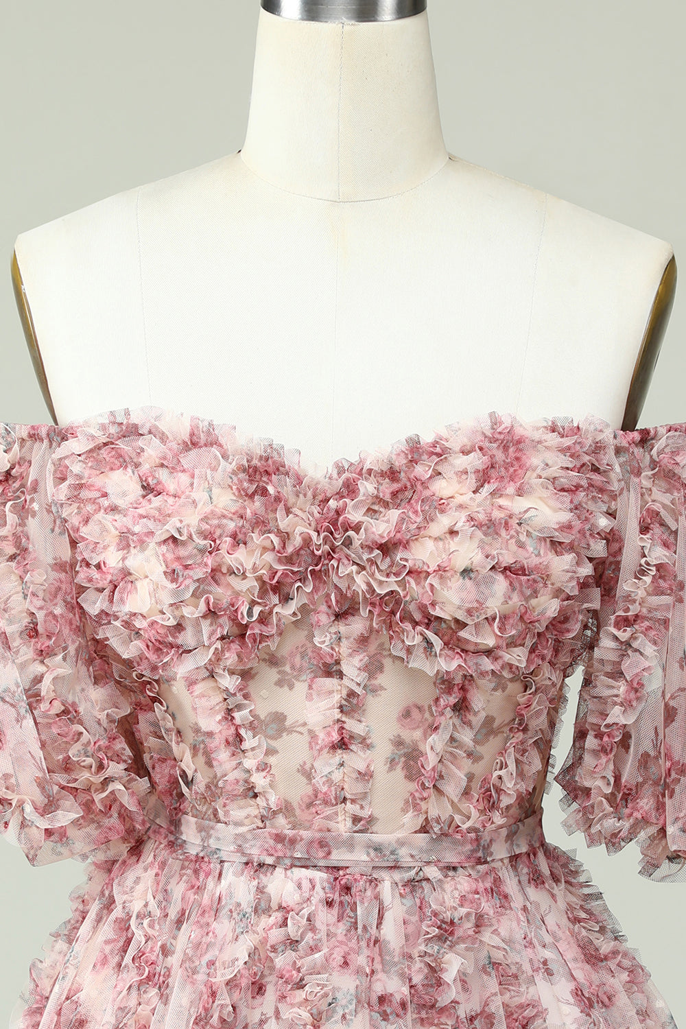 A Line Off the Shoulder Sheer Corset Floral Print Short Homecoming Dress