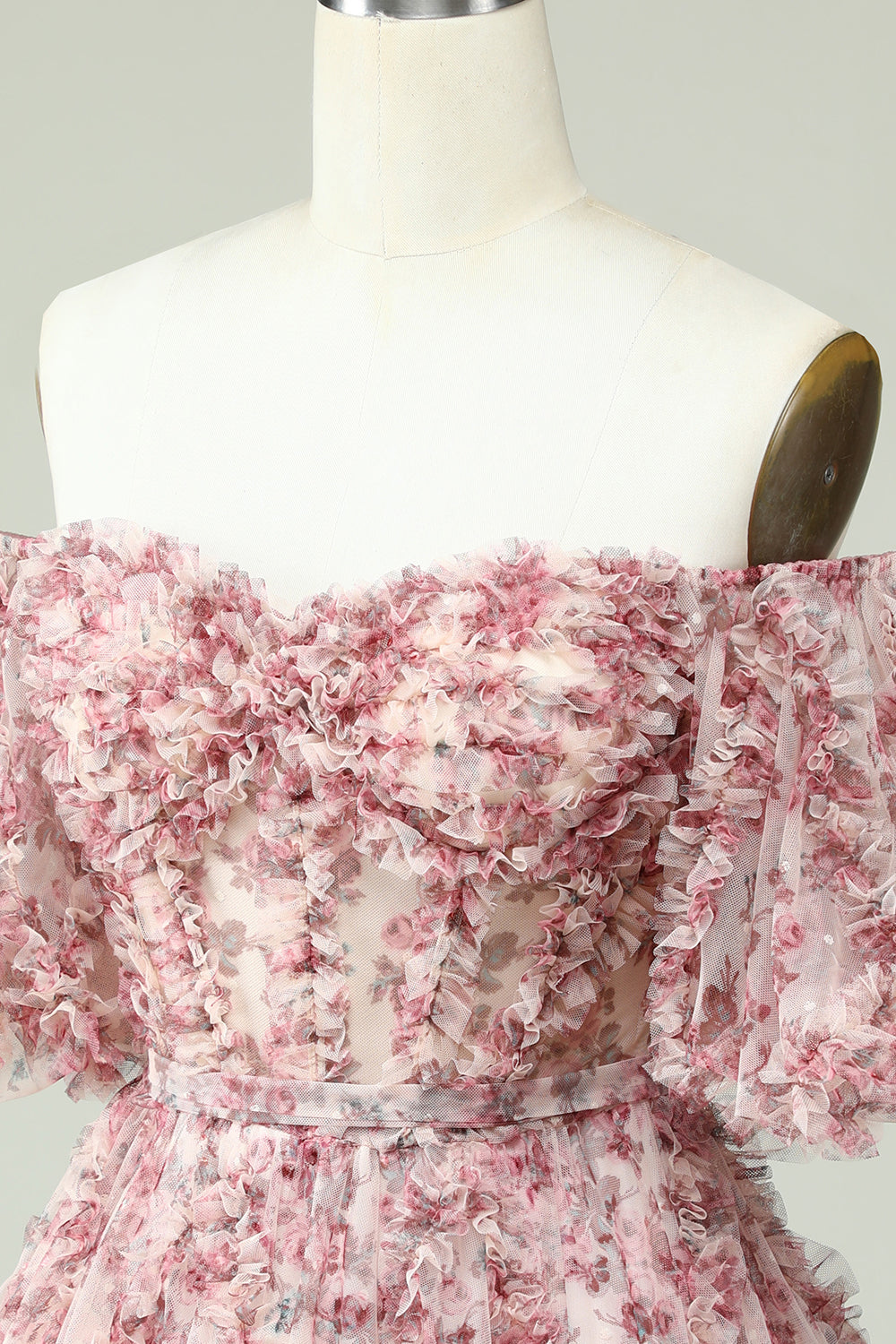 A Line Off the Shoulder Sheer Corset Floral Print Short Homecoming Dress