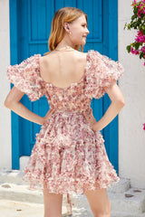 A Line Off the Shoulder Sheer Corset Floral Print Short Homecoming Dress