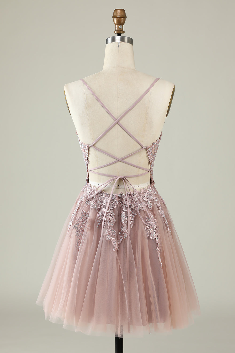 A Line Spaghetti Straps Tulle Short Blush Homecoming Dress with Appliques