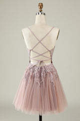A Line Spaghetti Straps Tulle Short Blush Homecoming Dress with Appliques