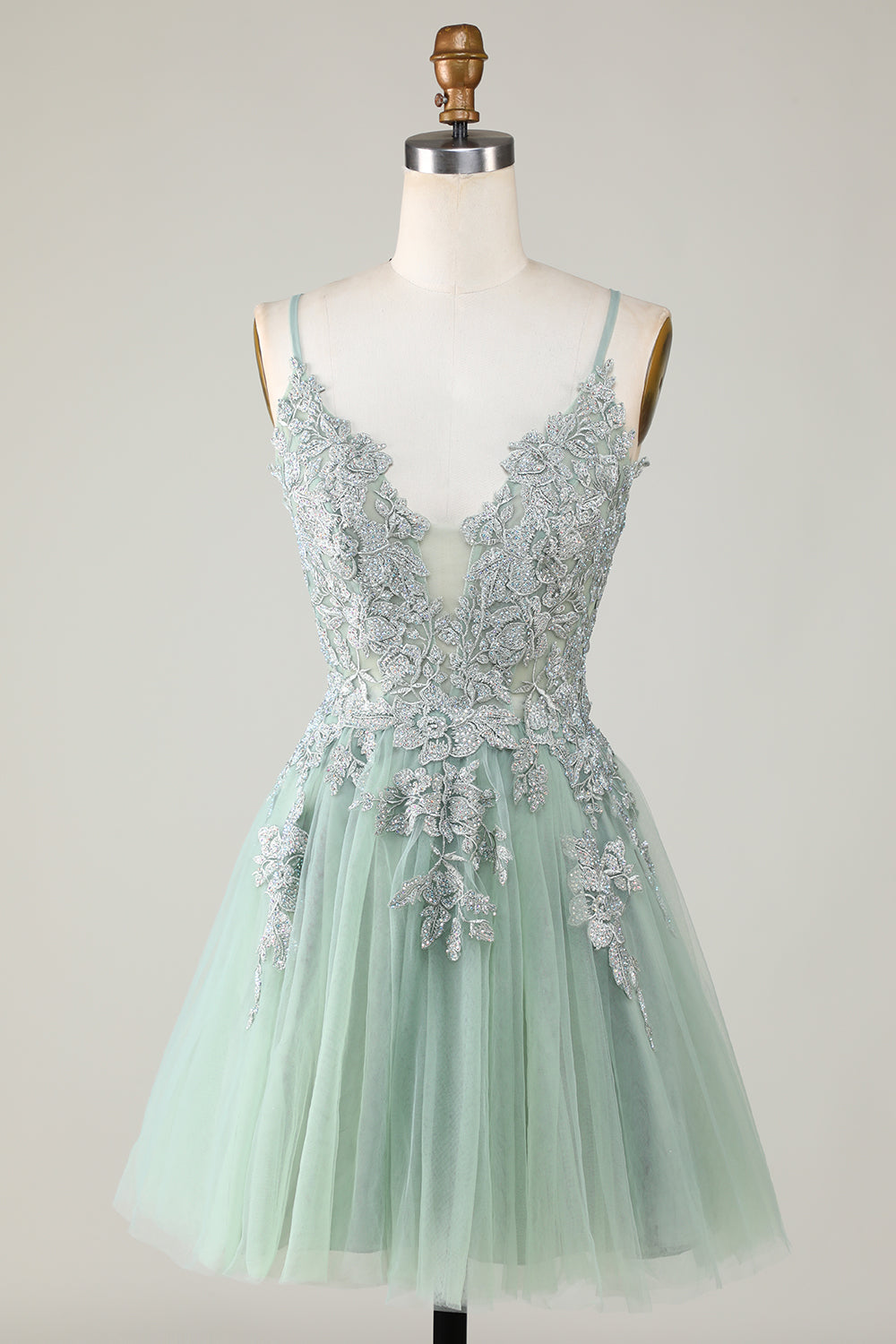 A Line Spaghetti Straps Tulle Short Blush Homecoming Dress with Appliques