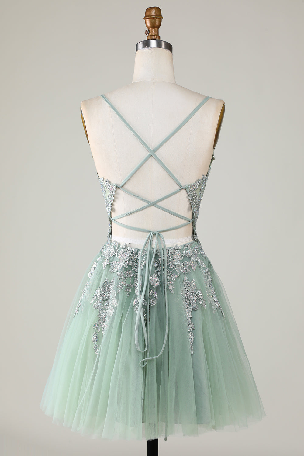 A Line Spaghetti Straps Tulle Short Blush Homecoming Dress with Appliques
