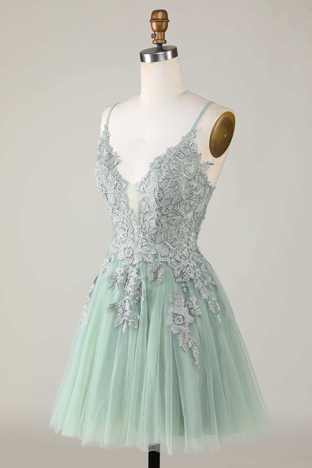 A Line Spaghetti Straps Tulle Short Blush Homecoming Dress with Appliques