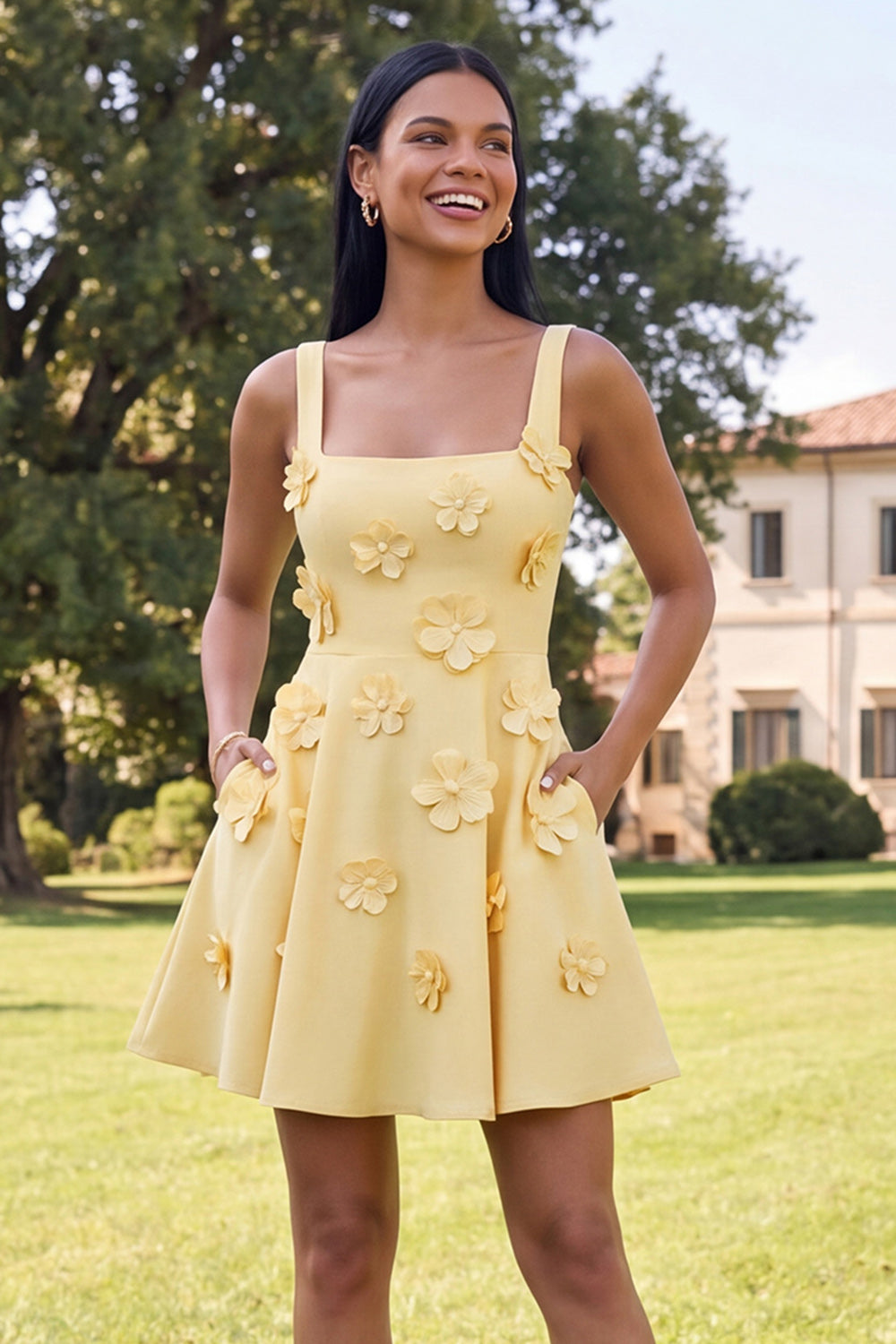 A-Line Blue Square Neck Homecoming Dress with 3D Flowers