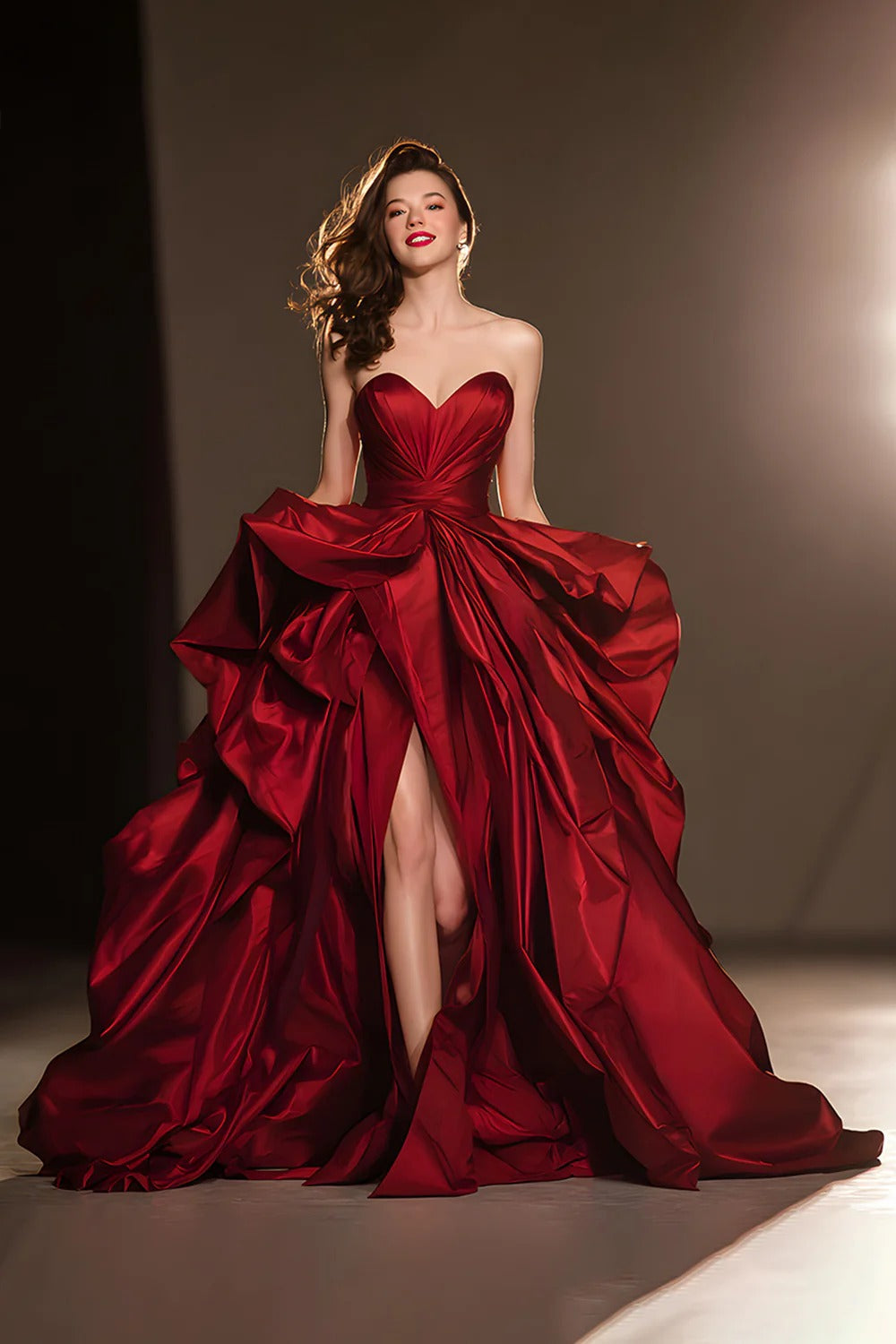 A Line Sweetheart Dark Red Ruffle Prom Dress with Slit
