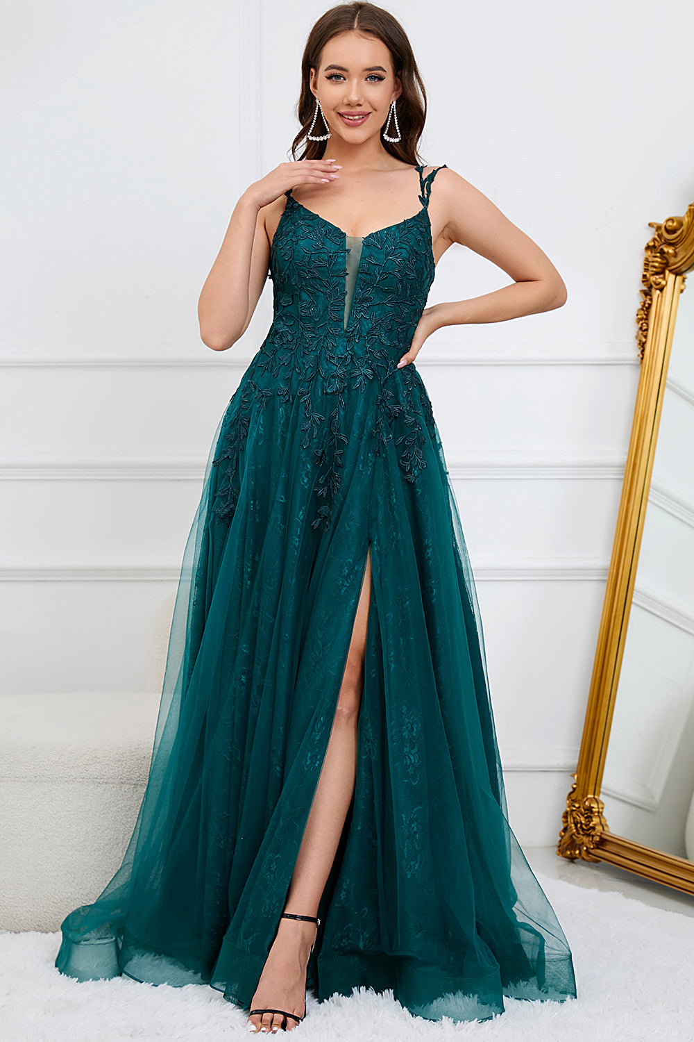 A Line Spaghetti Straps Red Long Prom Dress with Appliques
